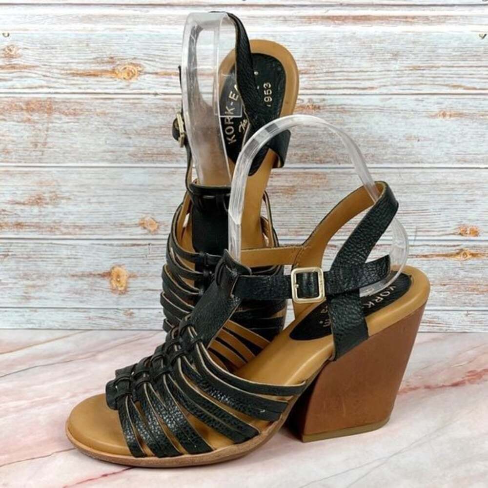 Kork-Ease The Pepper Strappy Black Leather Sandals in Black Size 8